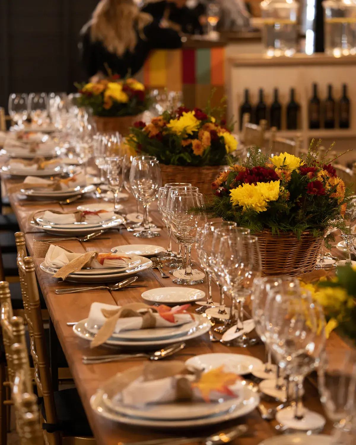 A table set for a dinner among wines
